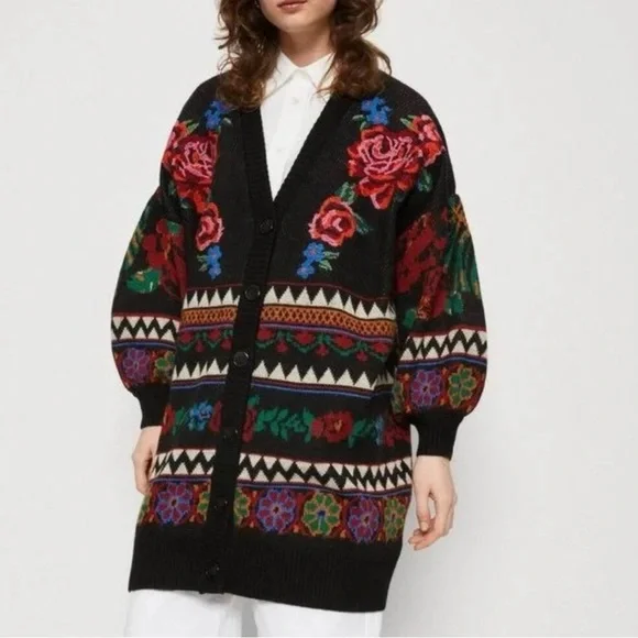 FARM Rio Floral Tapestry Long Cardigan Sweater Oversized Medium Wool Blend - Picture 8 of 17
